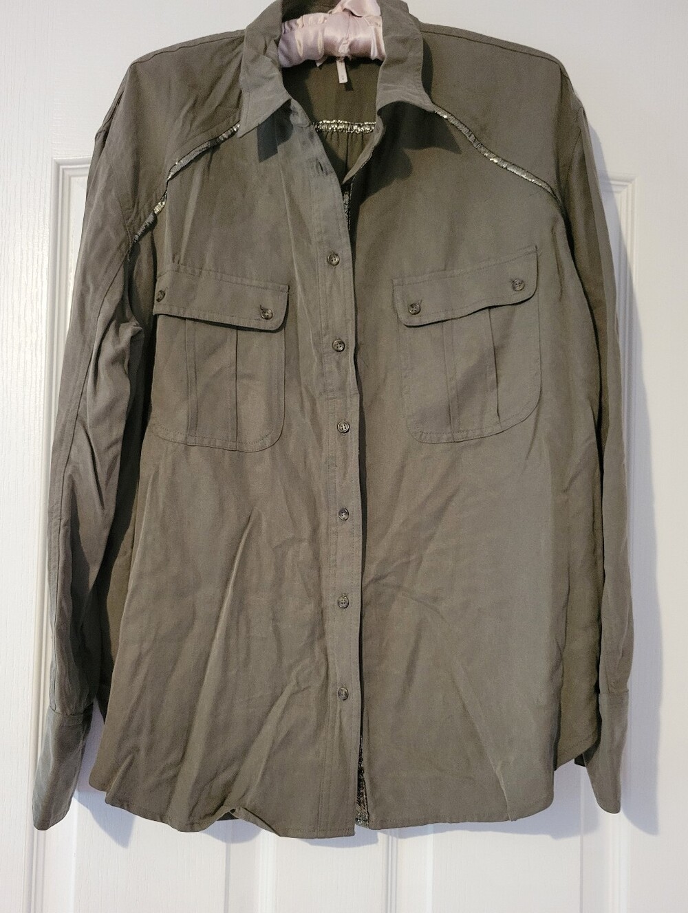 Free People Off Campus Moss Green Metallic Shirt Sz. M - Picture 4 of 14